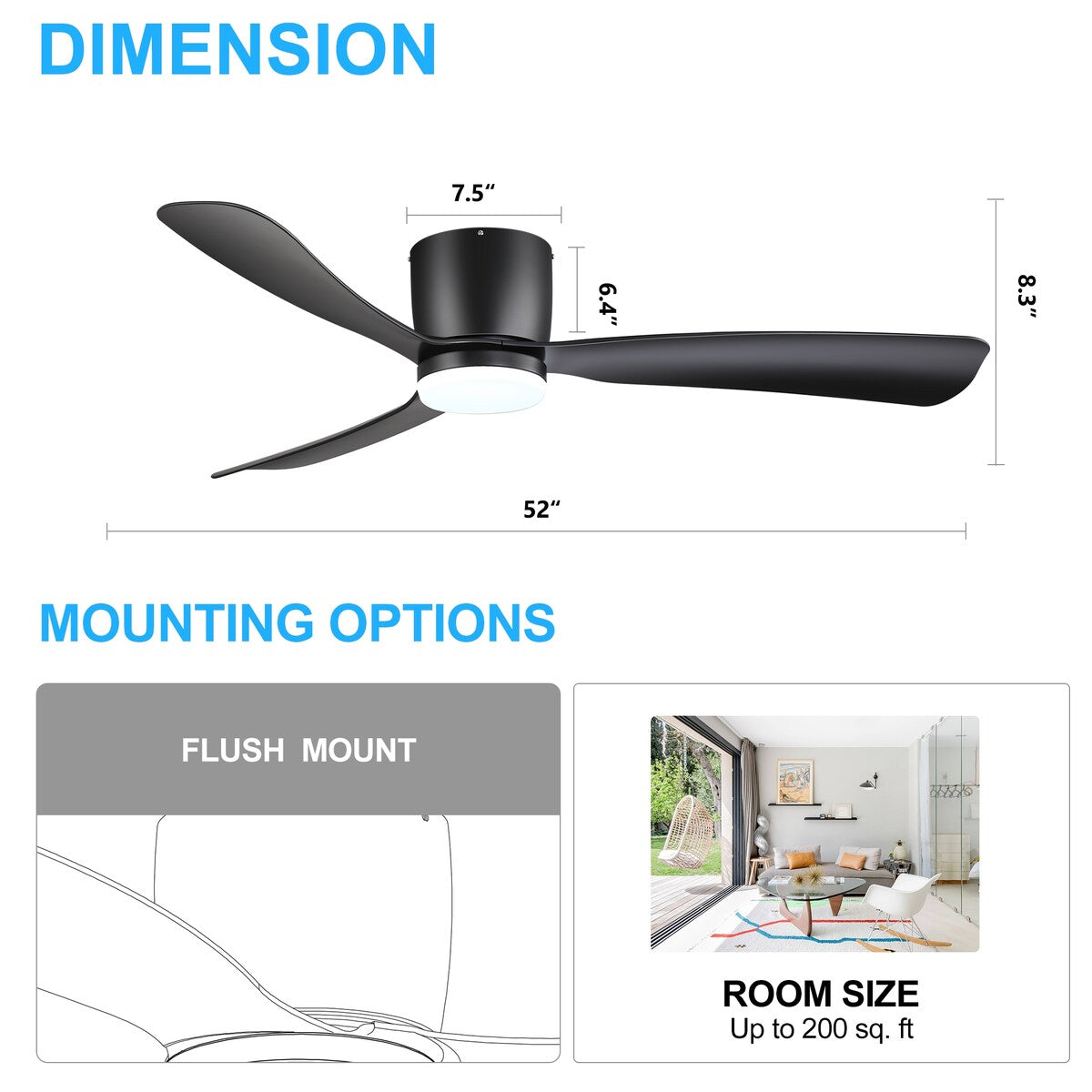 Ventilatore da soffitto a LED da 52 pollici nero/bianco con telecomando (3 pale)
