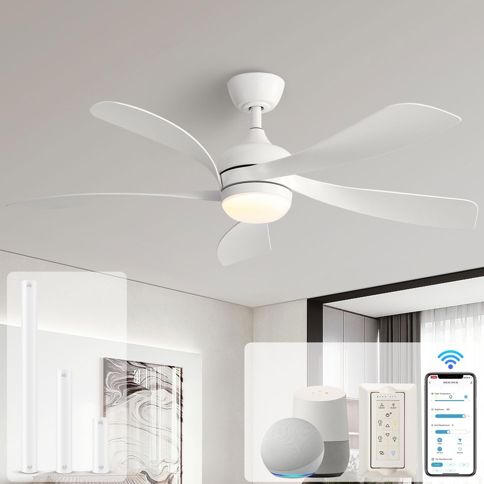 Ventilatore da soffitto da 52 pollici con telecomando e luci, motore DC silenzioso, 5 pale, ventilatore moderno ad alto CFM