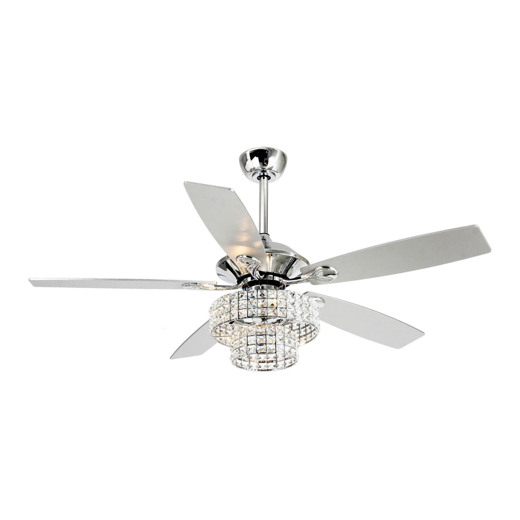 Ventilatore da soffitto moderno in cristallo cromato da 52 pollici con 5 pale in legno e telecomando