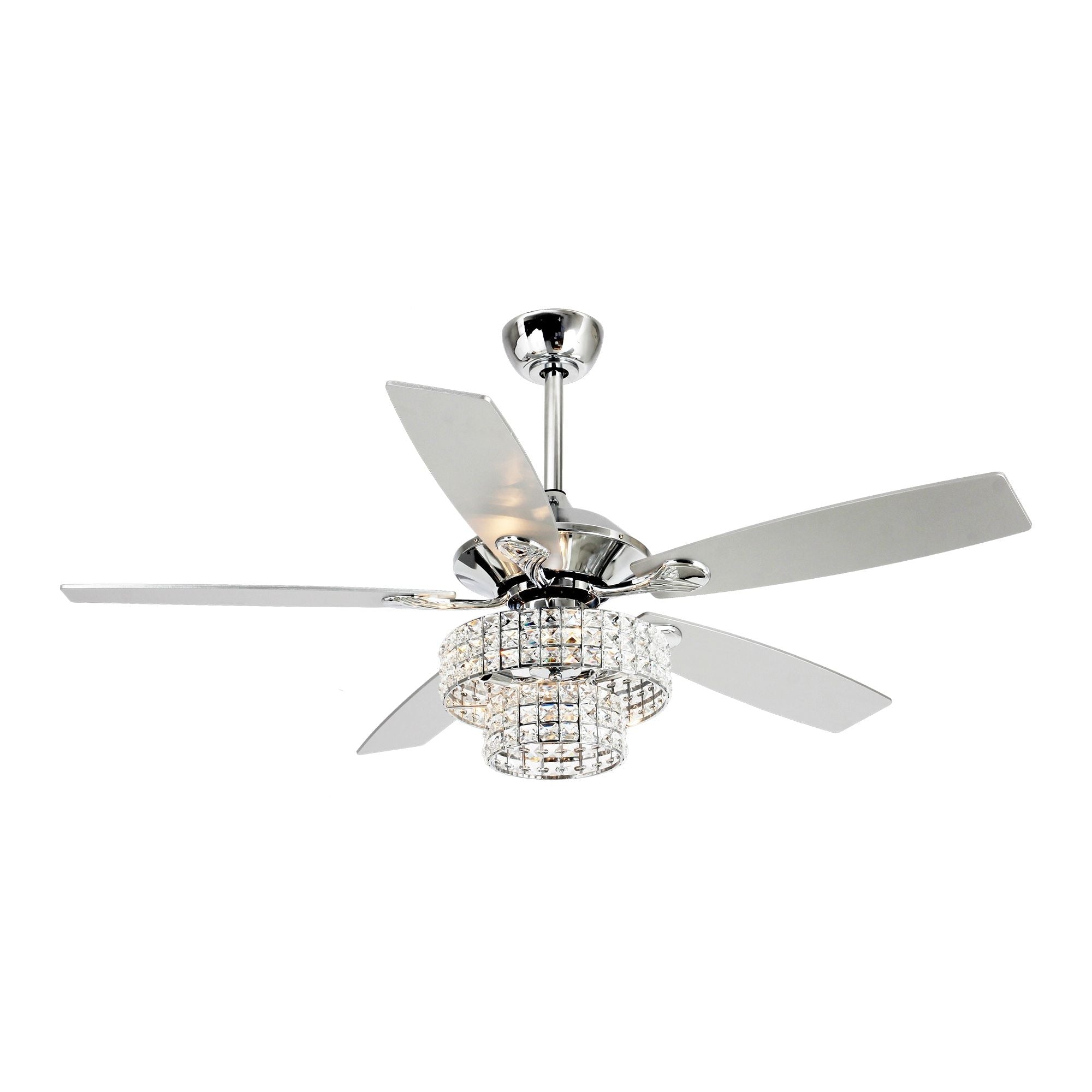 Ventilatore da soffitto moderno in cristallo cromato da 52 pollici con 5 pale in legno e telecomando