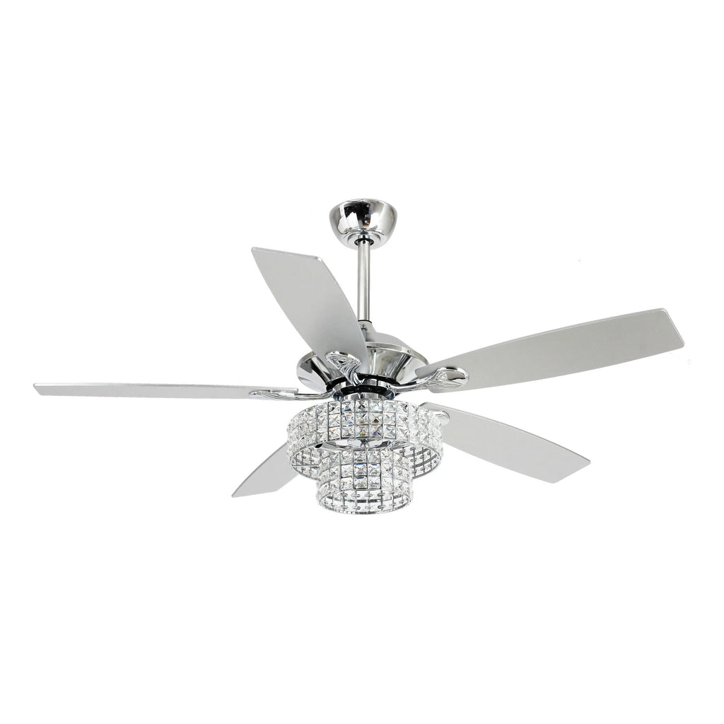 Ventilatore da soffitto moderno in cristallo cromato da 52 pollici con 5 pale in legno e telecomando