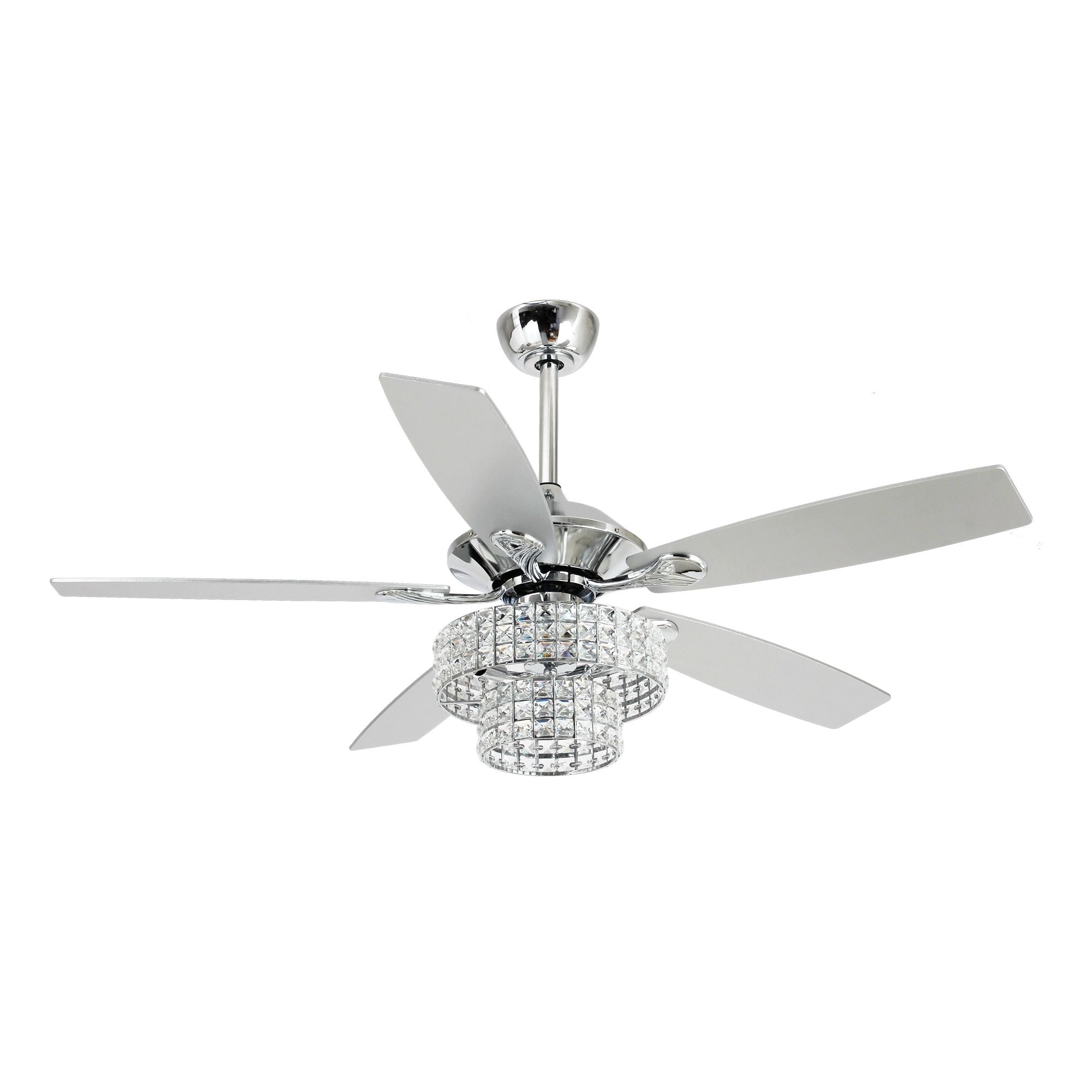 Ventilatore da soffitto moderno in cristallo cromato da 52 pollici con 5 pale in legno e telecomando