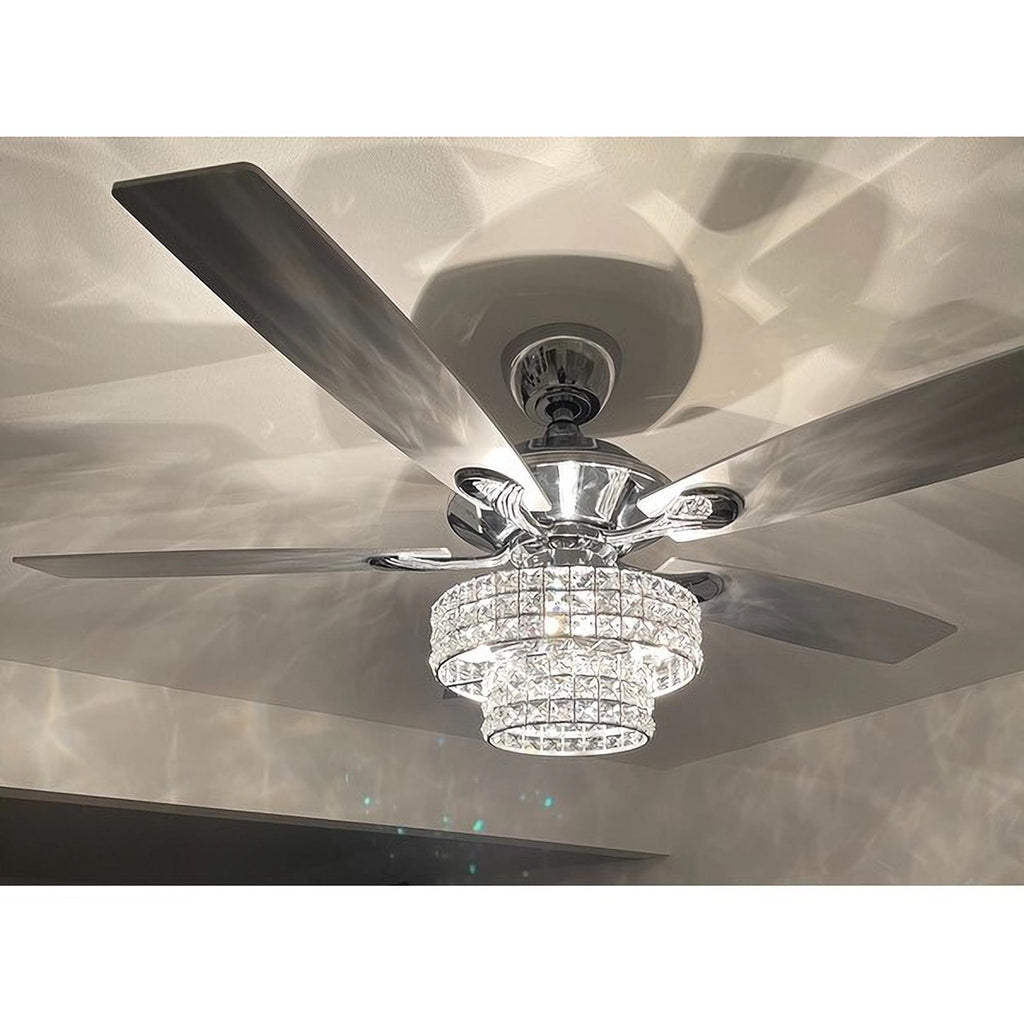 Ventilatore da soffitto moderno in cristallo cromato da 52 pollici con 5 pale in legno e telecomando