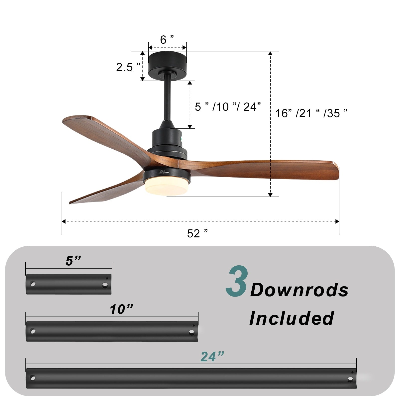 Ventilatore da soffitto in legno per interni Sofucor 52 con telecomando, luce integrata opzionale