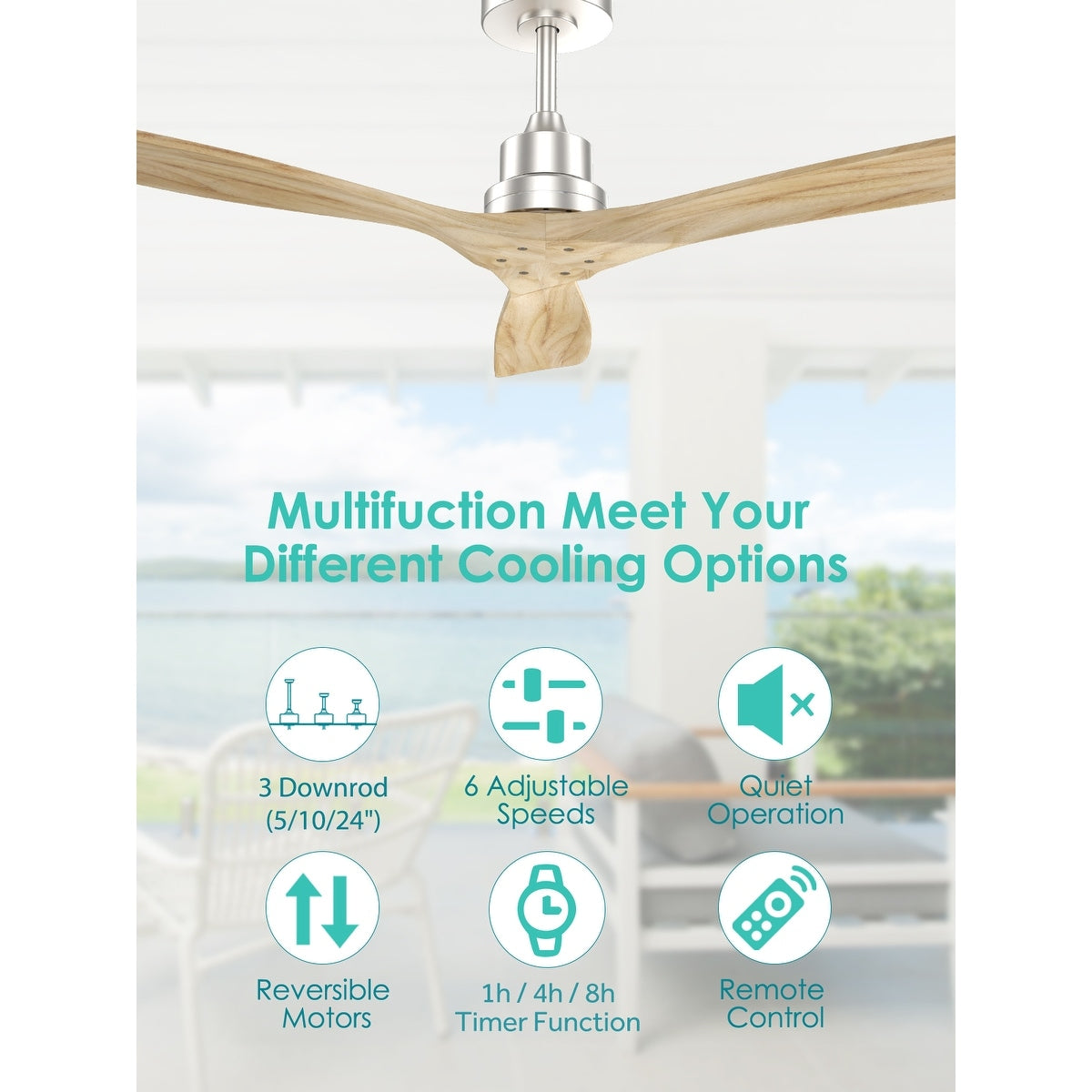 Ventilatore da soffitto in legno per interni Sofucor 52 con telecomando, luce integrata opzionale