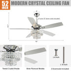 Ventilatore da soffitto moderno in cristallo cromato da 52 pollici con 5 pale in legno e telecomando