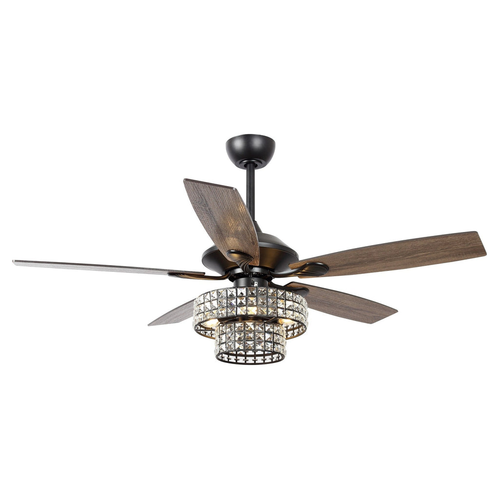 Ventilatore da soffitto moderno in cristallo cromato da 52 pollici con 5 pale in legno e telecomando