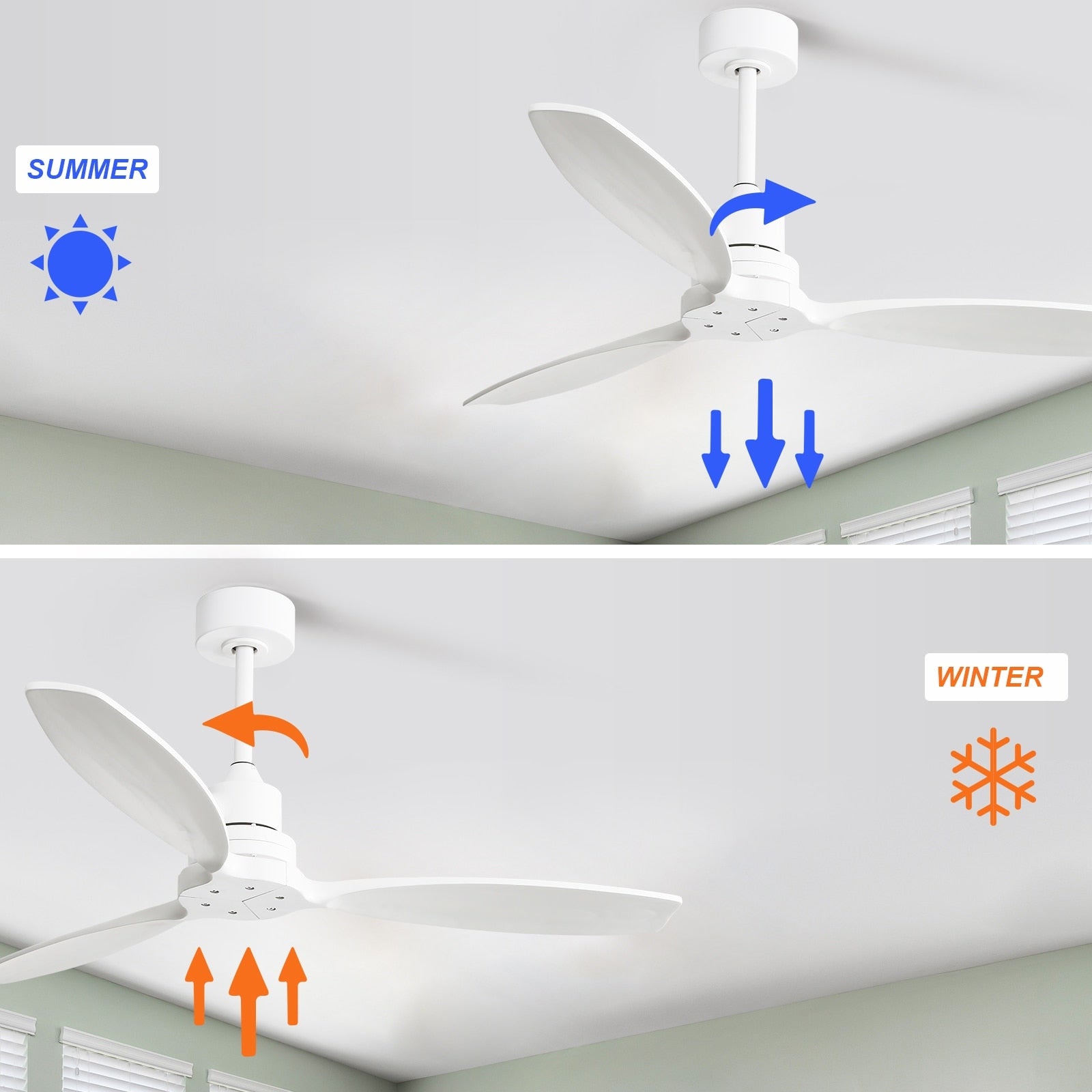 Ventilatore da soffitto moderno in legno massello/ABS da 52 pollici con telecomando (senza luce), 6 velocità del vento, flusso d'aria reversibile