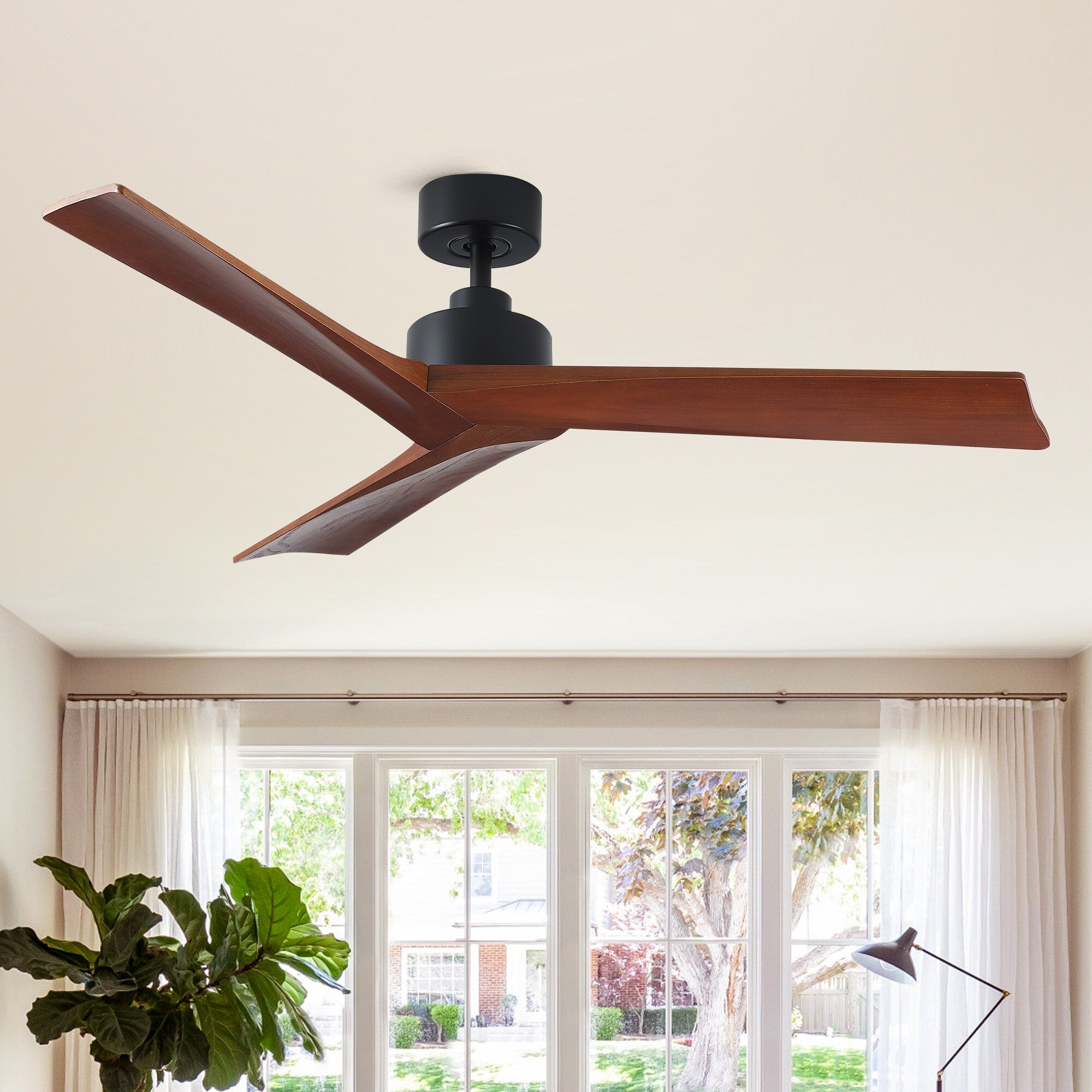 Ventilatore da soffitto moderno in legno massello/ABS da 52 pollici con telecomando (senza luce), 6 velocità del vento, flusso d'aria reversibile