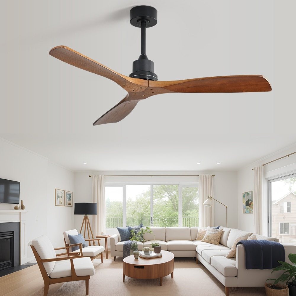Ventilatore da soffitto moderno in legno massello/ABS da 52 pollici con telecomando (senza luce), 6 velocità del vento, flusso d'aria reversibile