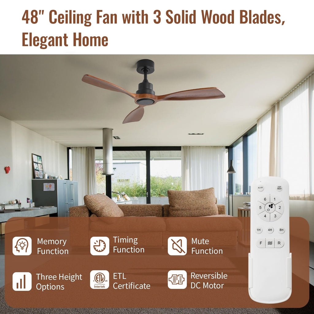Ventilatore da soffitto silenzioso in legno di noce 52/60/48 con telecomando, luce integrata opzionale