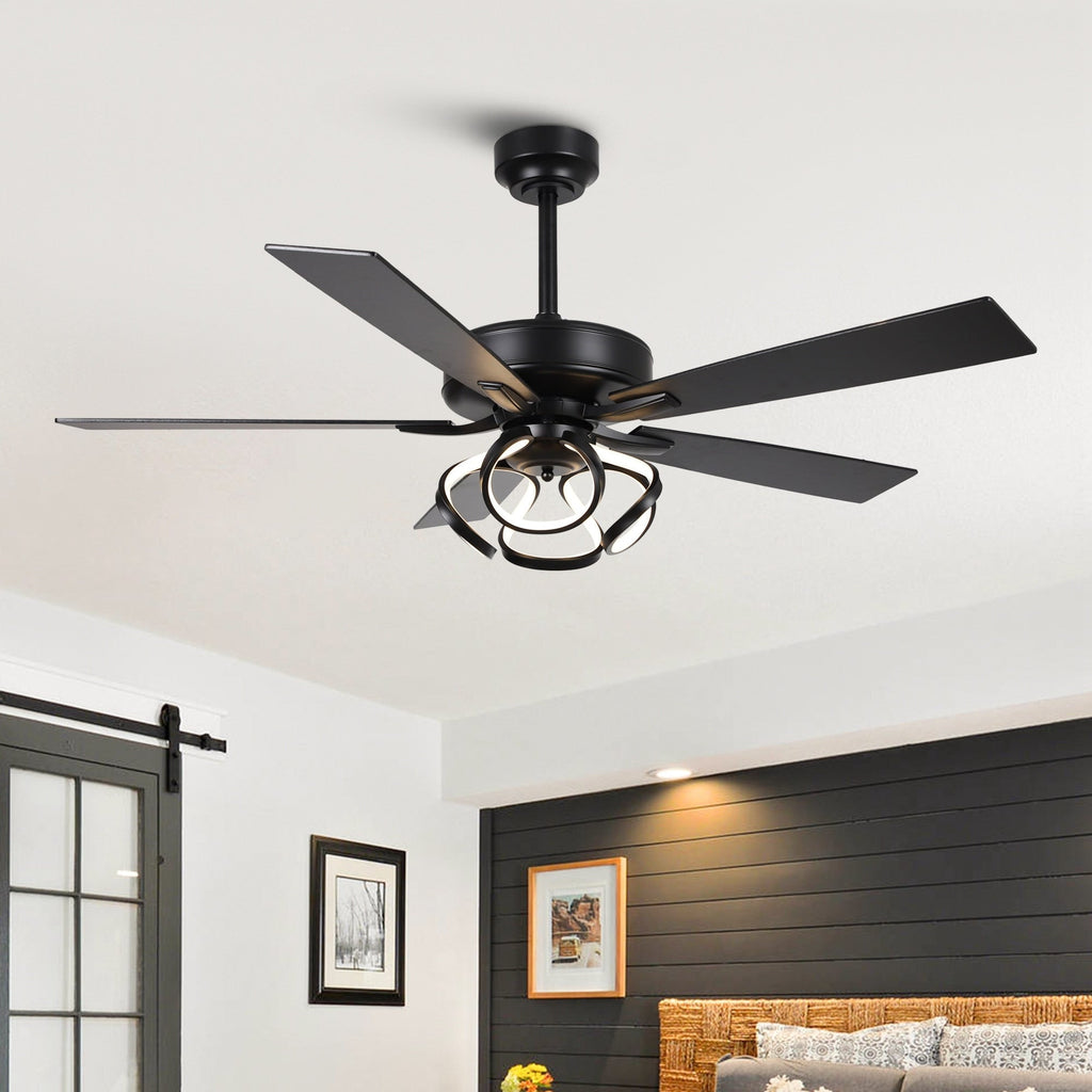 Ventilatore da soffitto moderno a LED dimmerabile da interno cromato/nero da 52 pollici con luce e telecomando