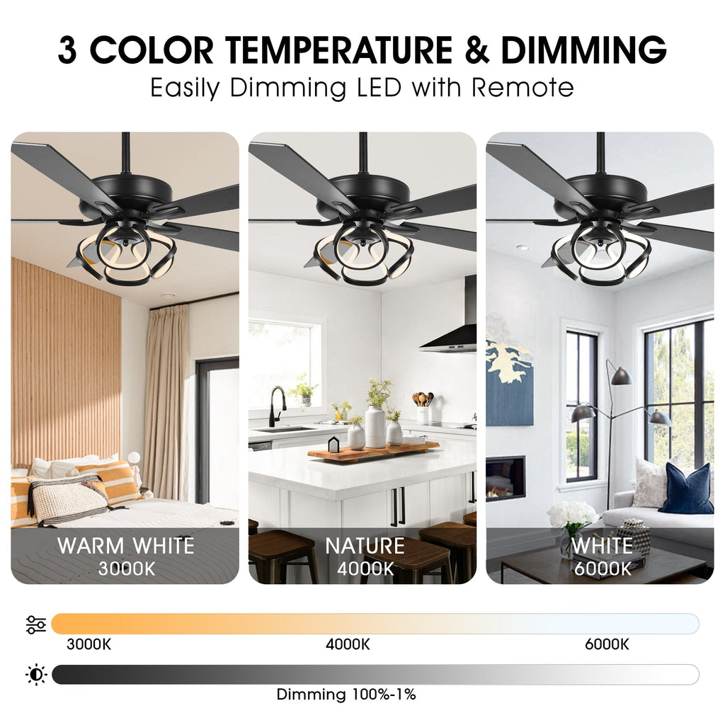 Ventilatore da soffitto moderno a LED dimmerabile da interno cromato/nero da 52 pollici con luce e telecomando