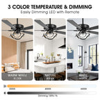 Ventilatore da soffitto moderno a LED dimmerabile da interno cromato/nero da 52 pollici con luce e telecomando