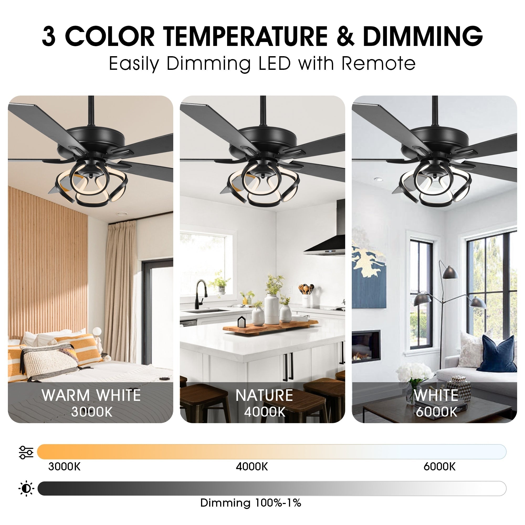Ventilatore da soffitto moderno a LED dimmerabile da interno cromato/nero da 52 pollici con luce e telecomando