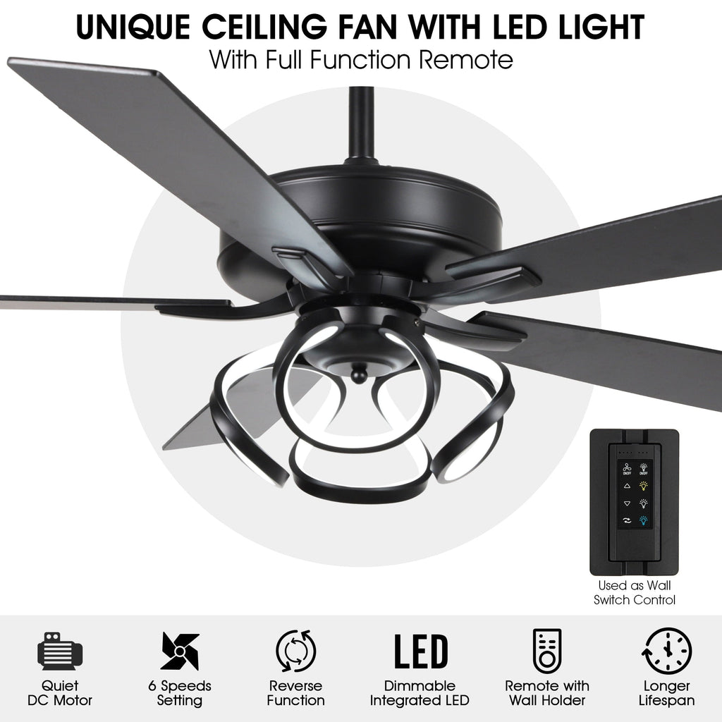 Ventilatore da soffitto moderno a LED dimmerabile da interno cromato/nero da 52 pollici con luce e telecomando