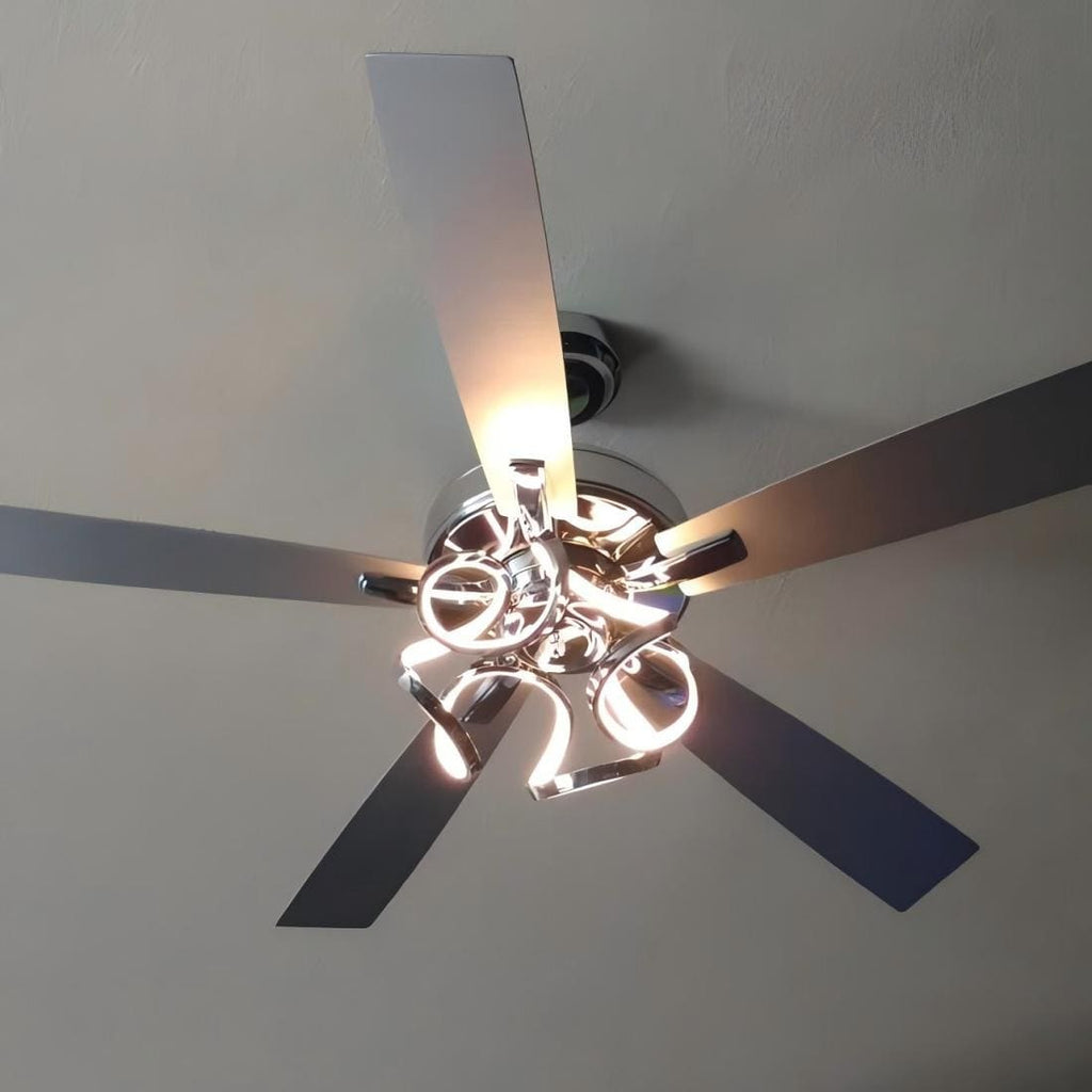 Ventilatore da soffitto moderno a LED dimmerabile da interno cromato/nero da 52 pollici con luce e telecomando
