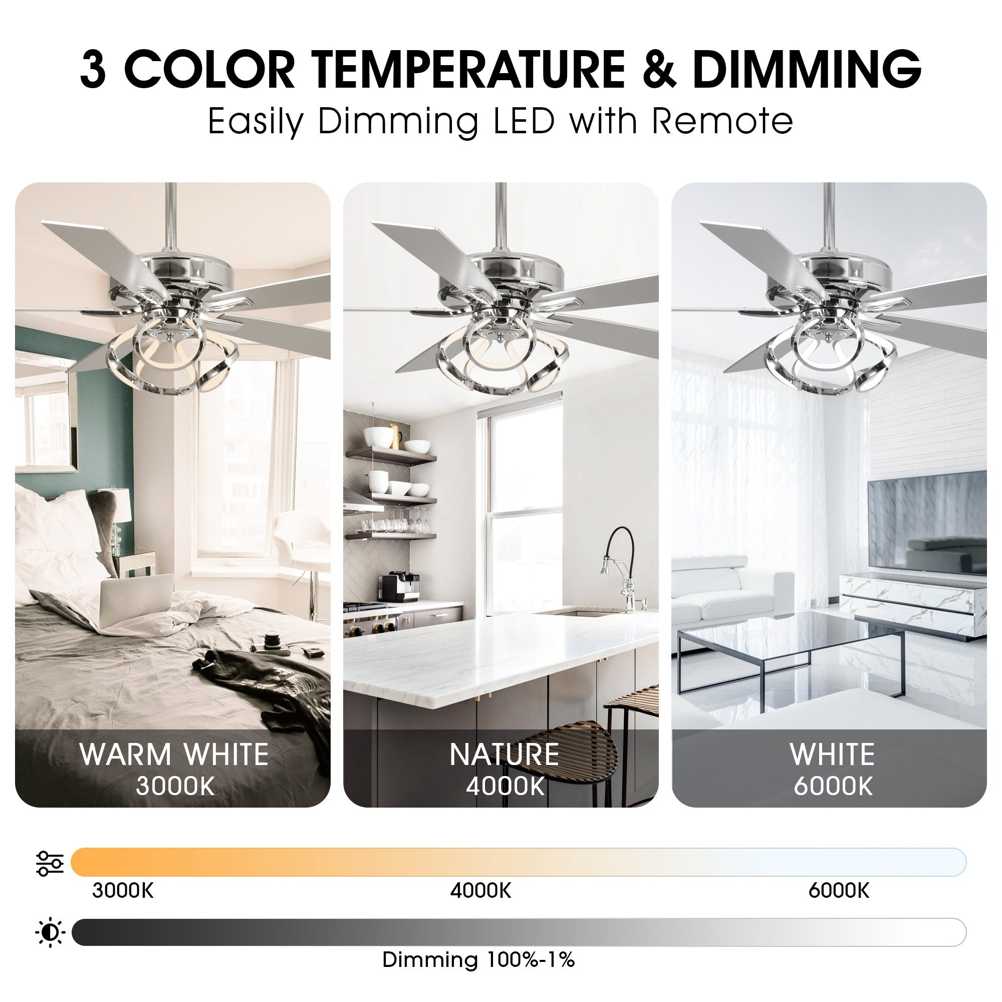 Ventilatore da soffitto moderno a LED dimmerabile da interno cromato/nero da 52 pollici con luce e telecomando