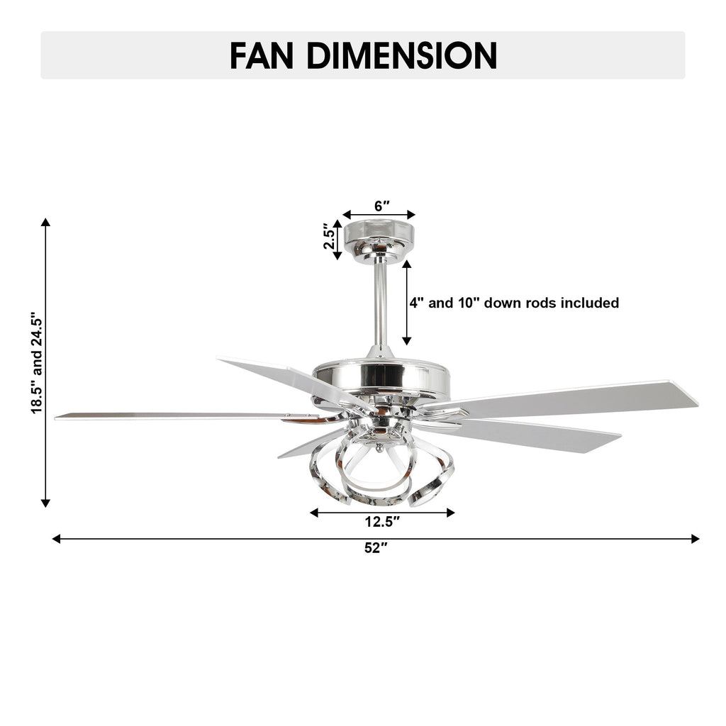 Ventilatore da soffitto moderno a LED dimmerabile da interno cromato/nero da 52 pollici con luce e telecomando