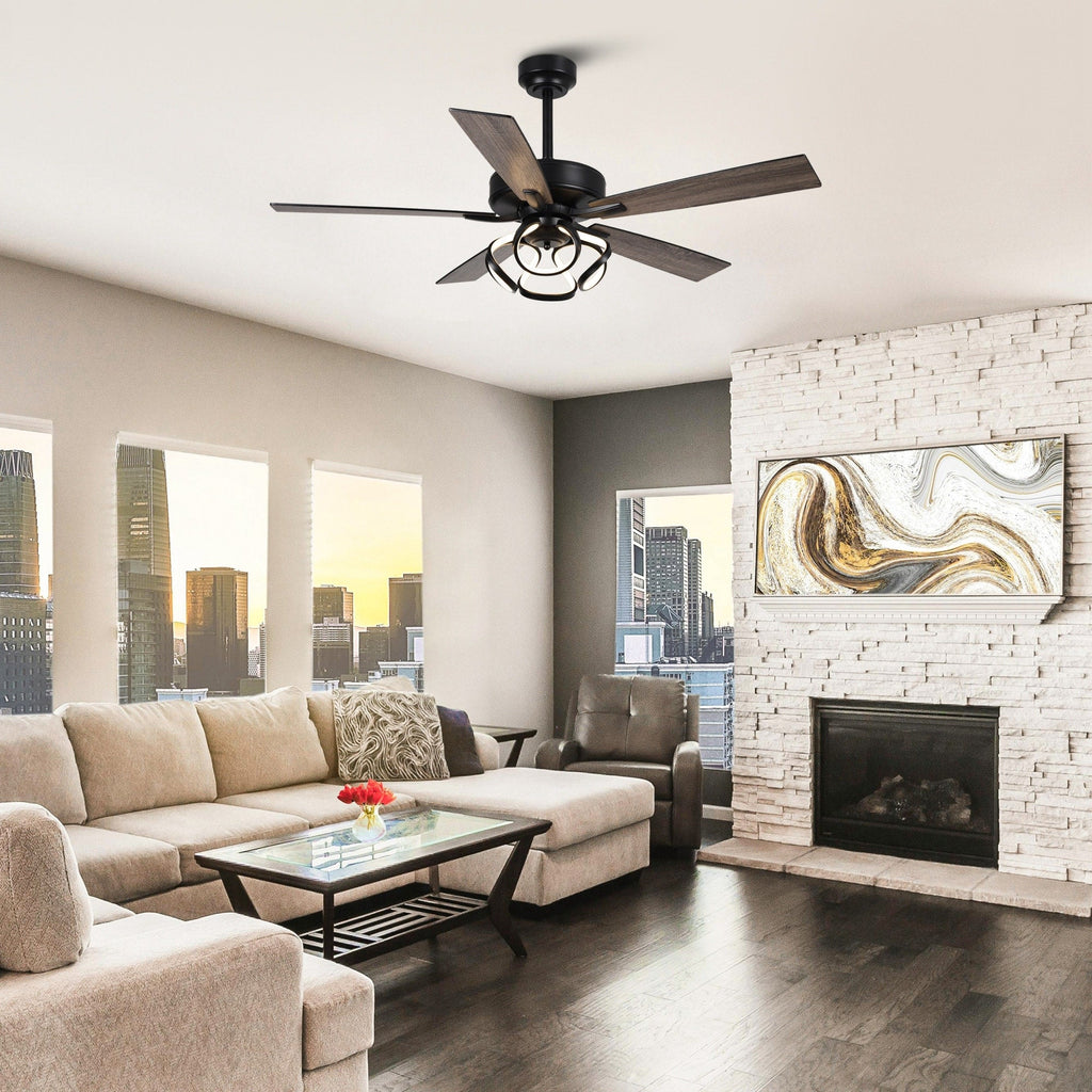 Ventilatore da soffitto moderno a LED dimmerabile da interno cromato/nero da 52 pollici con luce e telecomando