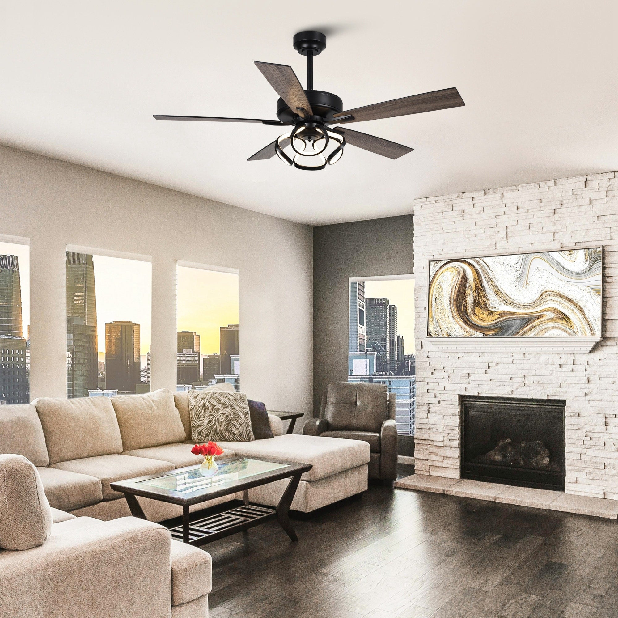 Ventilatore da soffitto moderno a LED dimmerabile da interno cromato/nero da 52 pollici con luce e telecomando