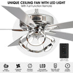 Ventilatore da soffitto moderno a LED dimmerabile da interno cromato/nero da 52 pollici con luce e telecomando