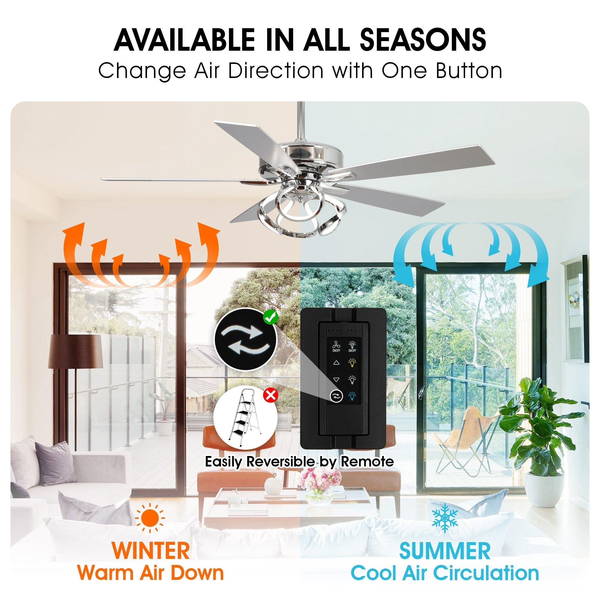 Ventilatore da soffitto moderno a LED dimmerabile da interno cromato/nero da 52 pollici con luce e telecomando