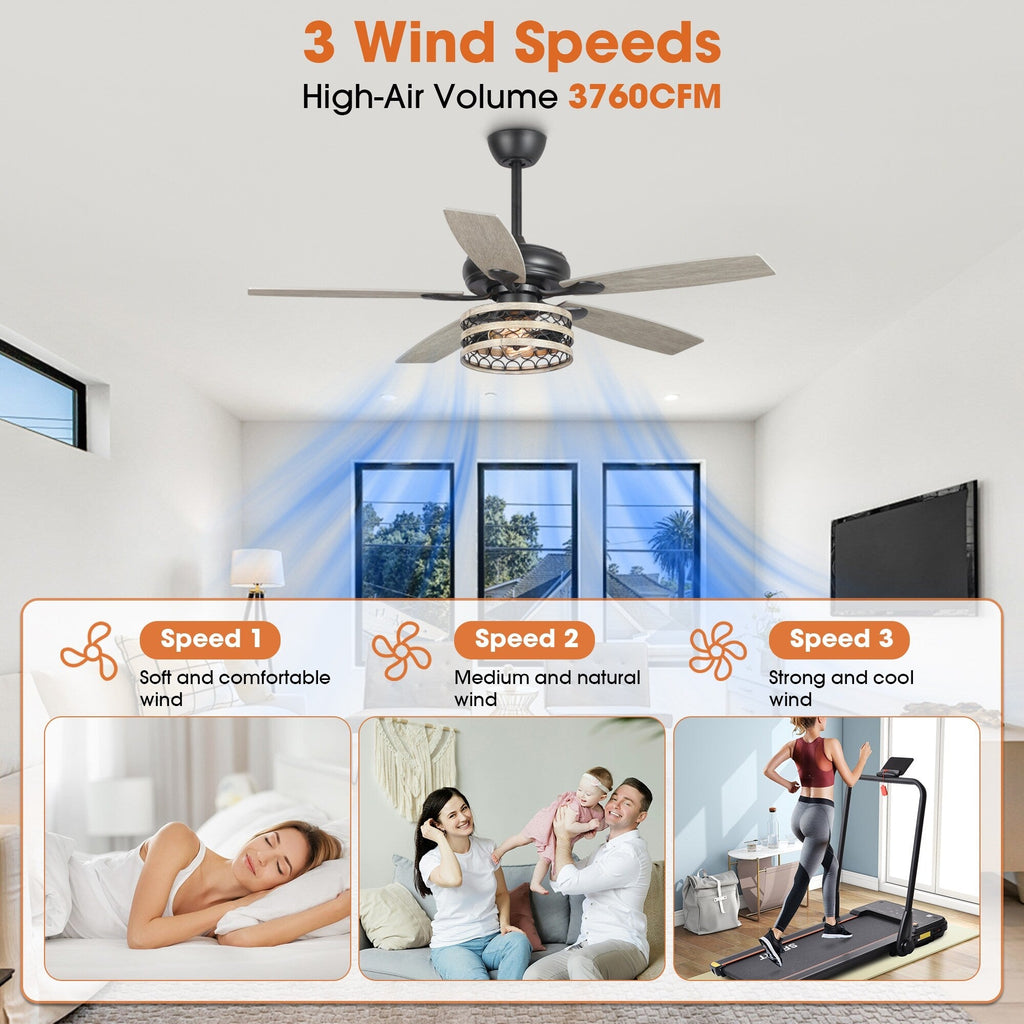 Ventilatore da soffitto con gabbia nera a 5 pale in legno galleggiante da fattoria 52 con telecomando
