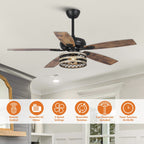 Ventilatore da soffitto con gabbia nera a 5 pale in legno galleggiante da fattoria 52 con telecomando