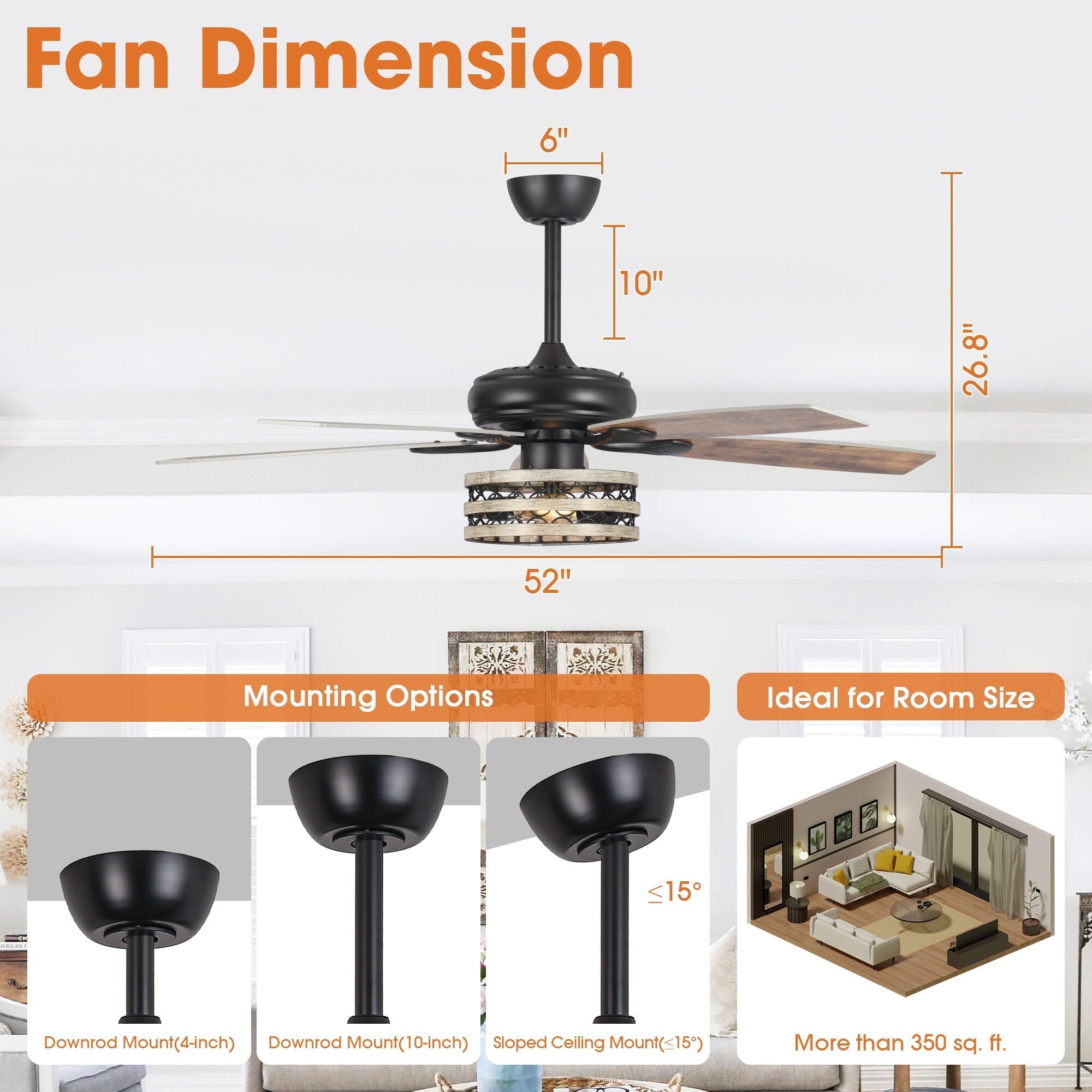 Ventilatore da soffitto con gabbia nera a 5 pale in legno galleggiante da fattoria 52 con telecomando