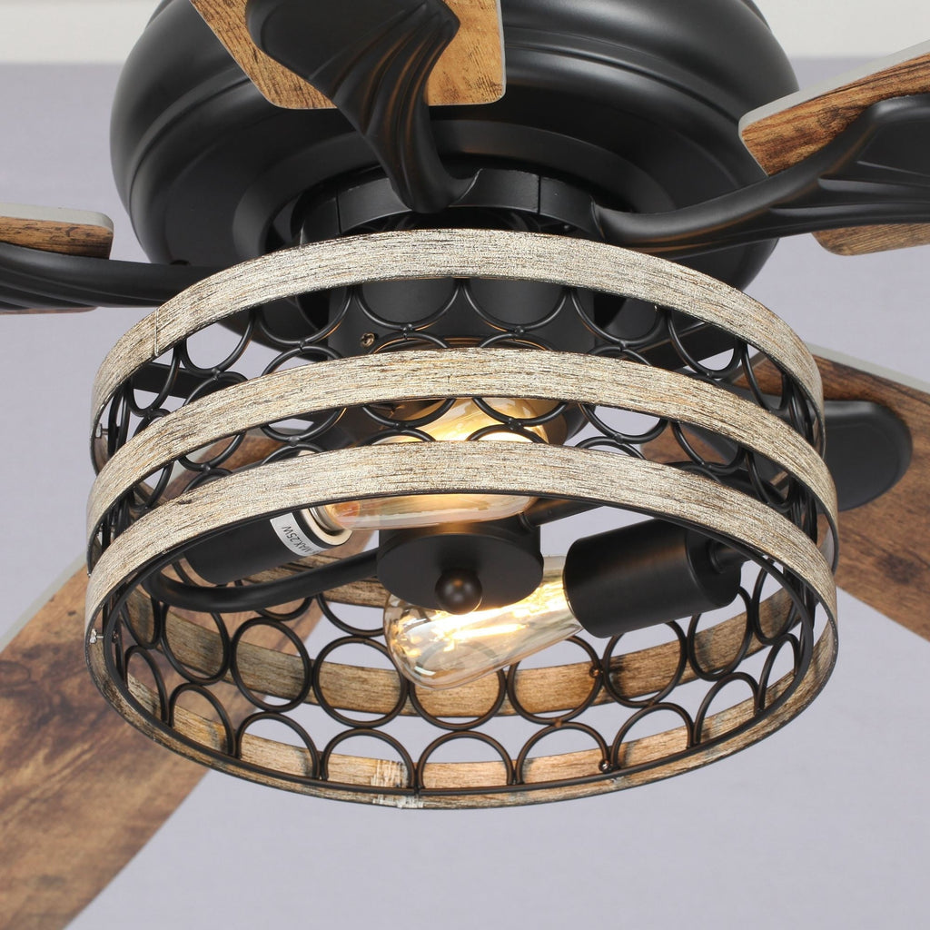 Ventilatore da soffitto con gabbia nera a 5 pale in legno galleggiante da fattoria 52 con telecomando