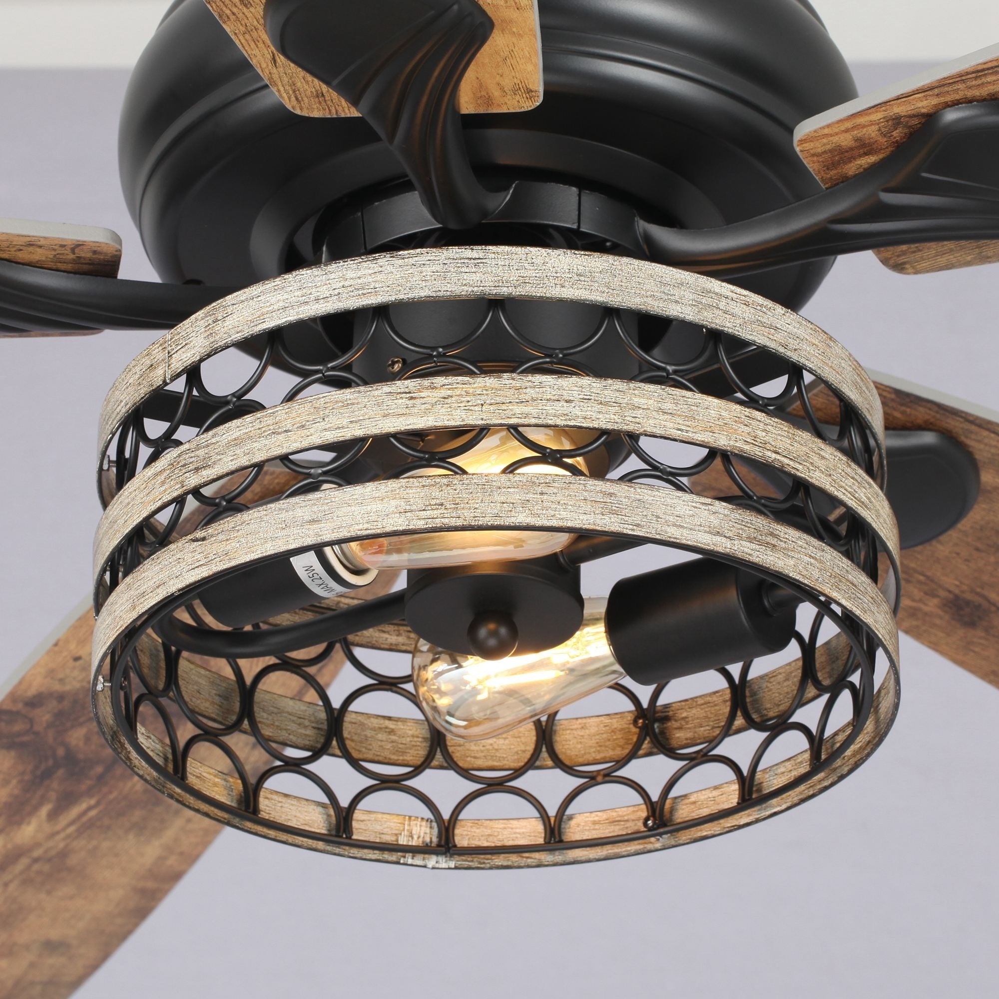 Ventilatore da soffitto con gabbia nera a 5 pale in legno galleggiante da fattoria 52 con telecomando
