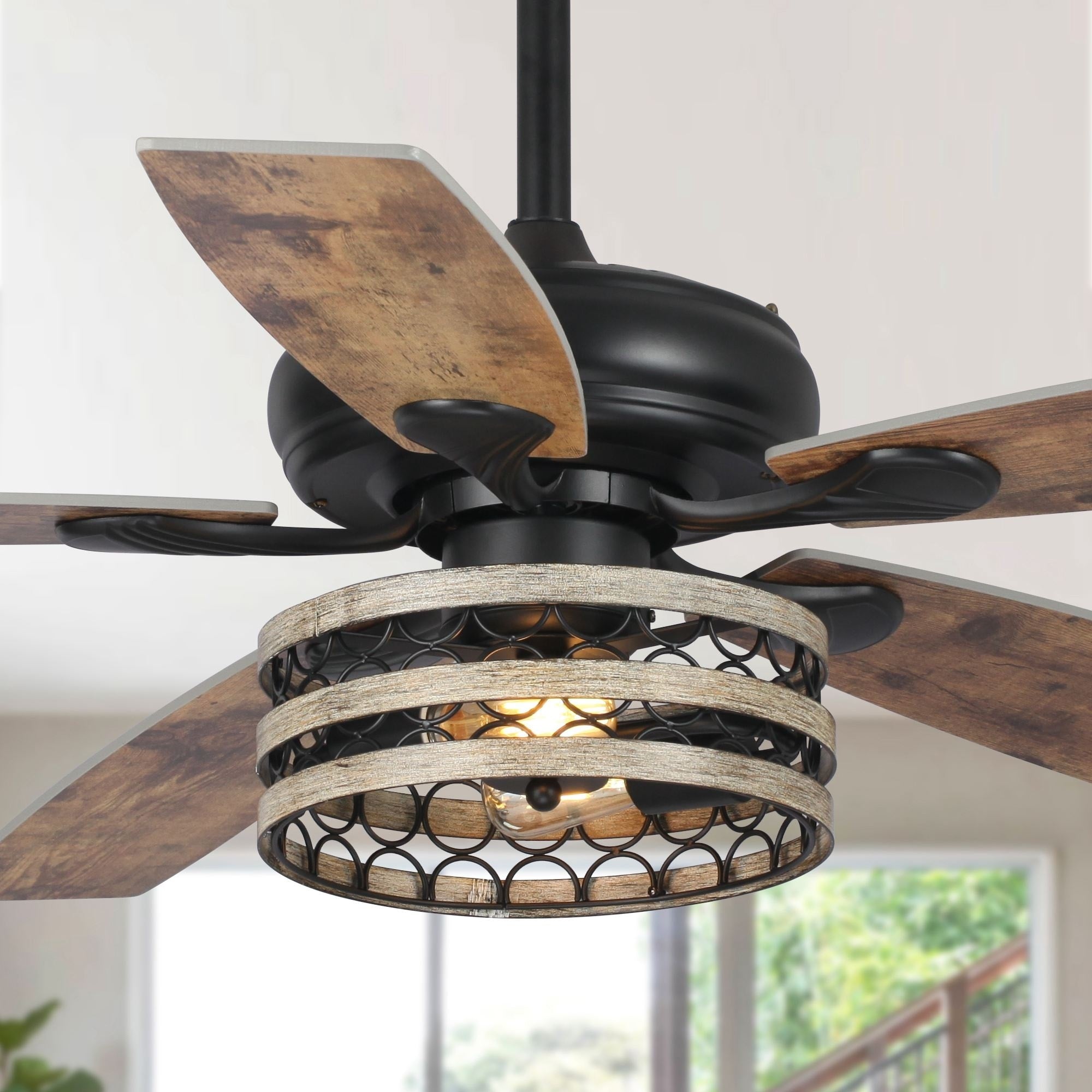 Ventilatore da soffitto con gabbia nera a 5 pale in legno galleggiante da fattoria 52 con telecomando