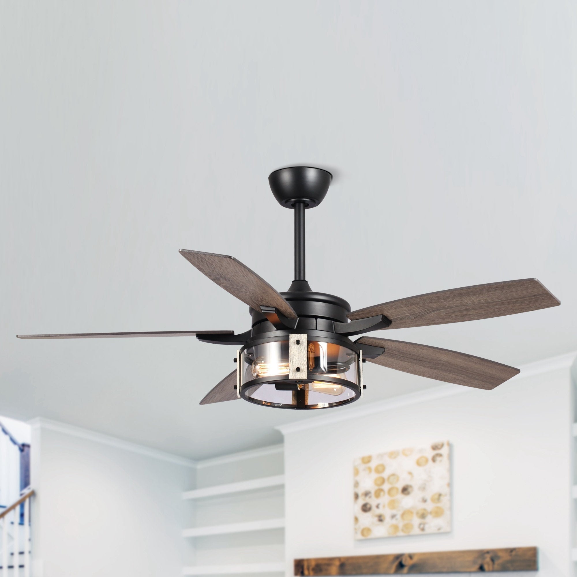 Ventilatore da soffitto per interni a 5 pale in legno nero rustico da 52 pollici con telecomando