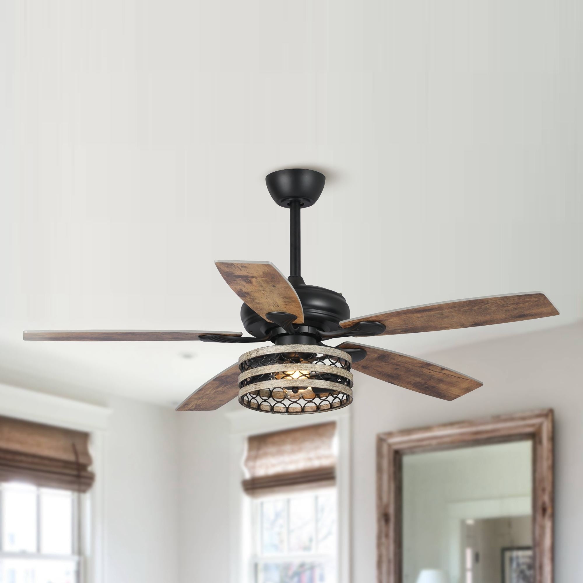 Ventilatore da soffitto con gabbia nera a 5 pale in legno galleggiante da fattoria 52 con telecomando