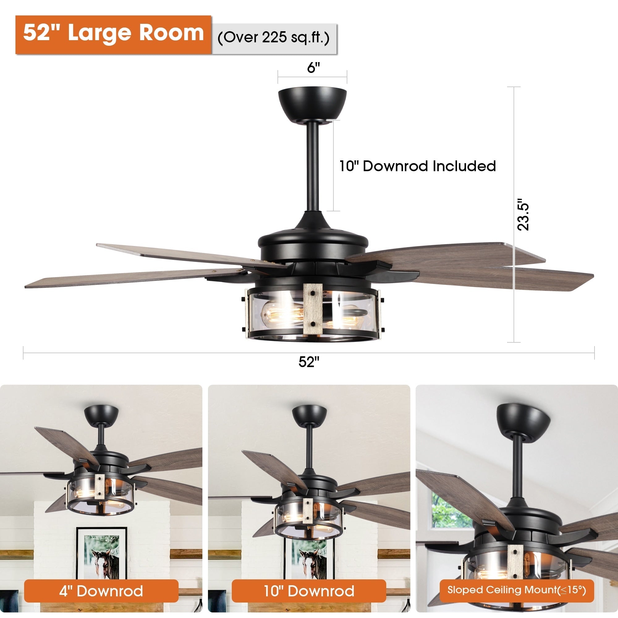 Ventilatore da soffitto per interni a 5 pale in legno nero rustico da 52 pollici con telecomando