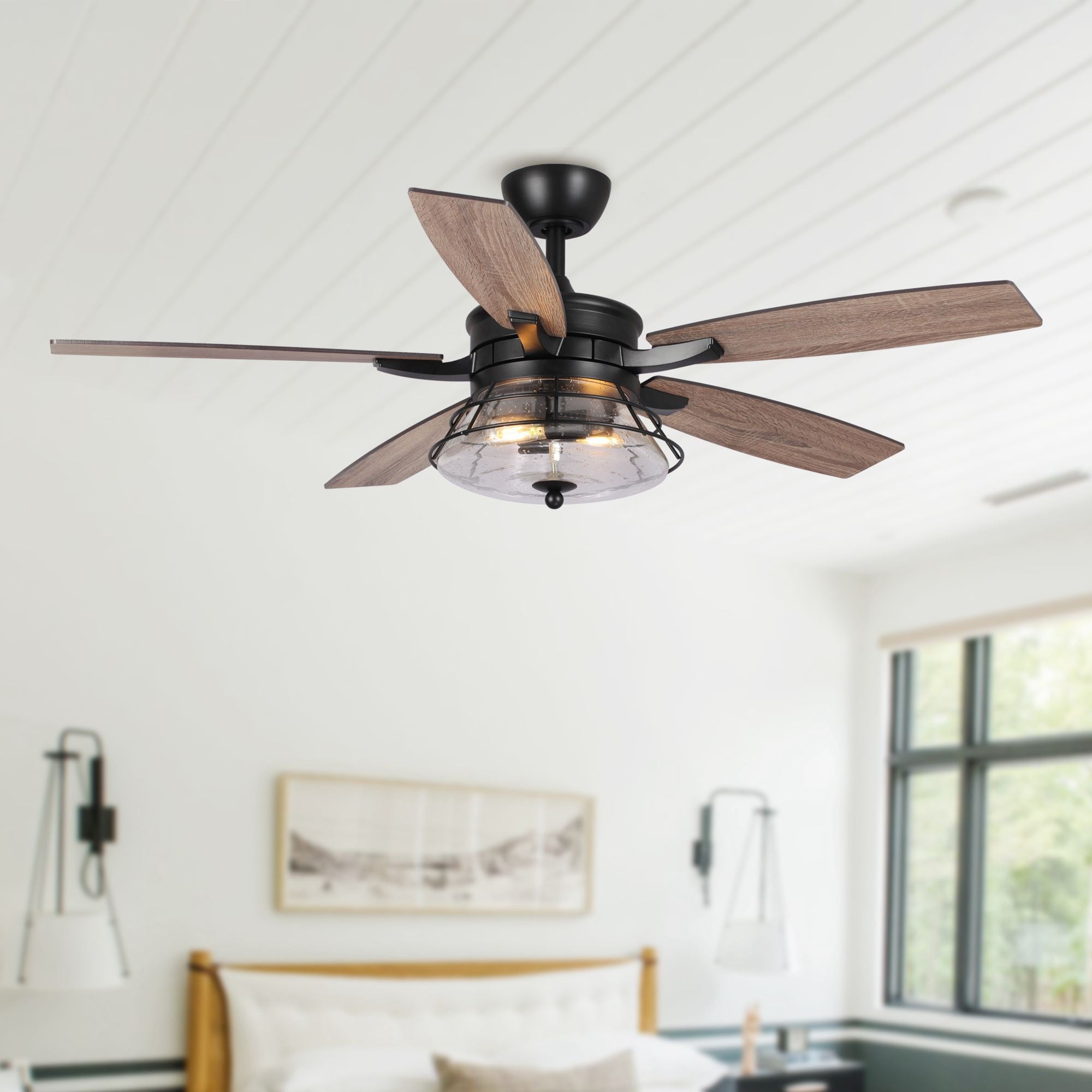 Ventilatore da soffitto decorativo industriale in vetro nero con 52 semi, con telecomando e kit luce