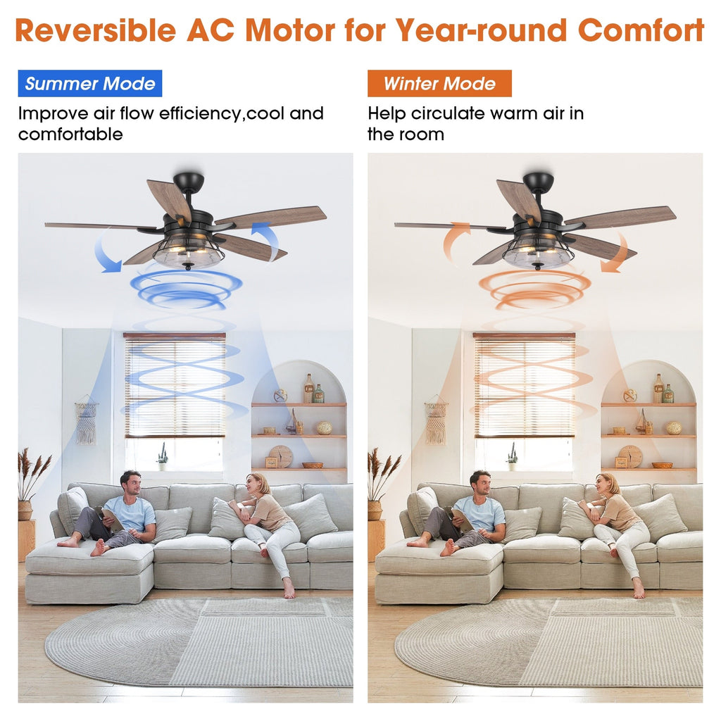 Ventilatore da soffitto decorativo industriale in vetro nero con 52 semi, con telecomando e kit luce