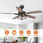 Ventilatore da soffitto decorativo industriale in vetro nero con 52 semi, con telecomando e kit luce