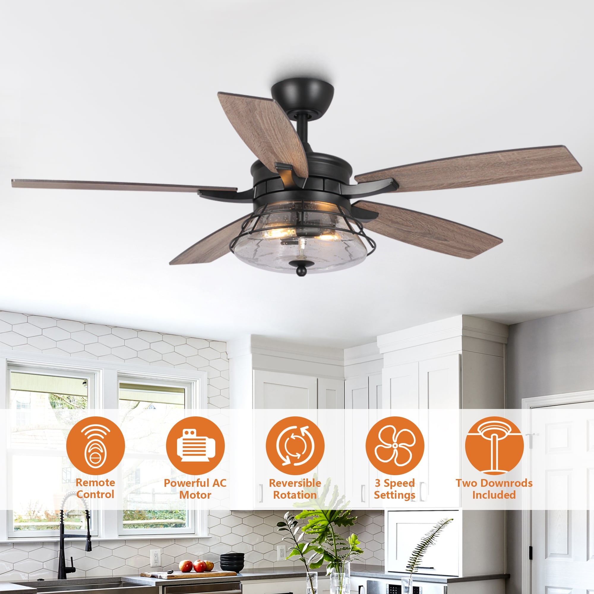 Ventilatore da soffitto decorativo industriale in vetro nero con 52 semi, con telecomando e kit luce