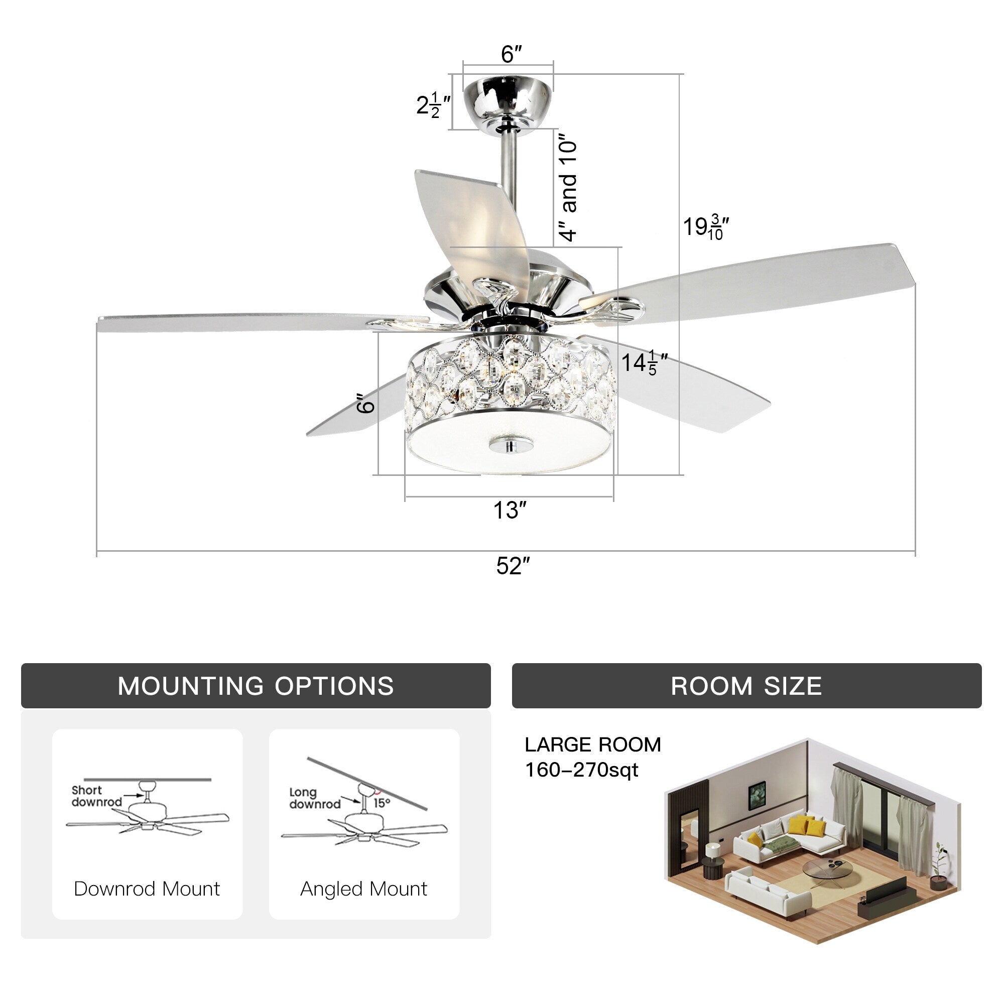 52 Ventilatore da soffitto in cristallo moderno a 4 luci con telecomando