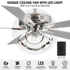Ventilatore da soffitto moderno a LED dimmerabile da interno cromato/nero da 52 pollici con luce e telecomando