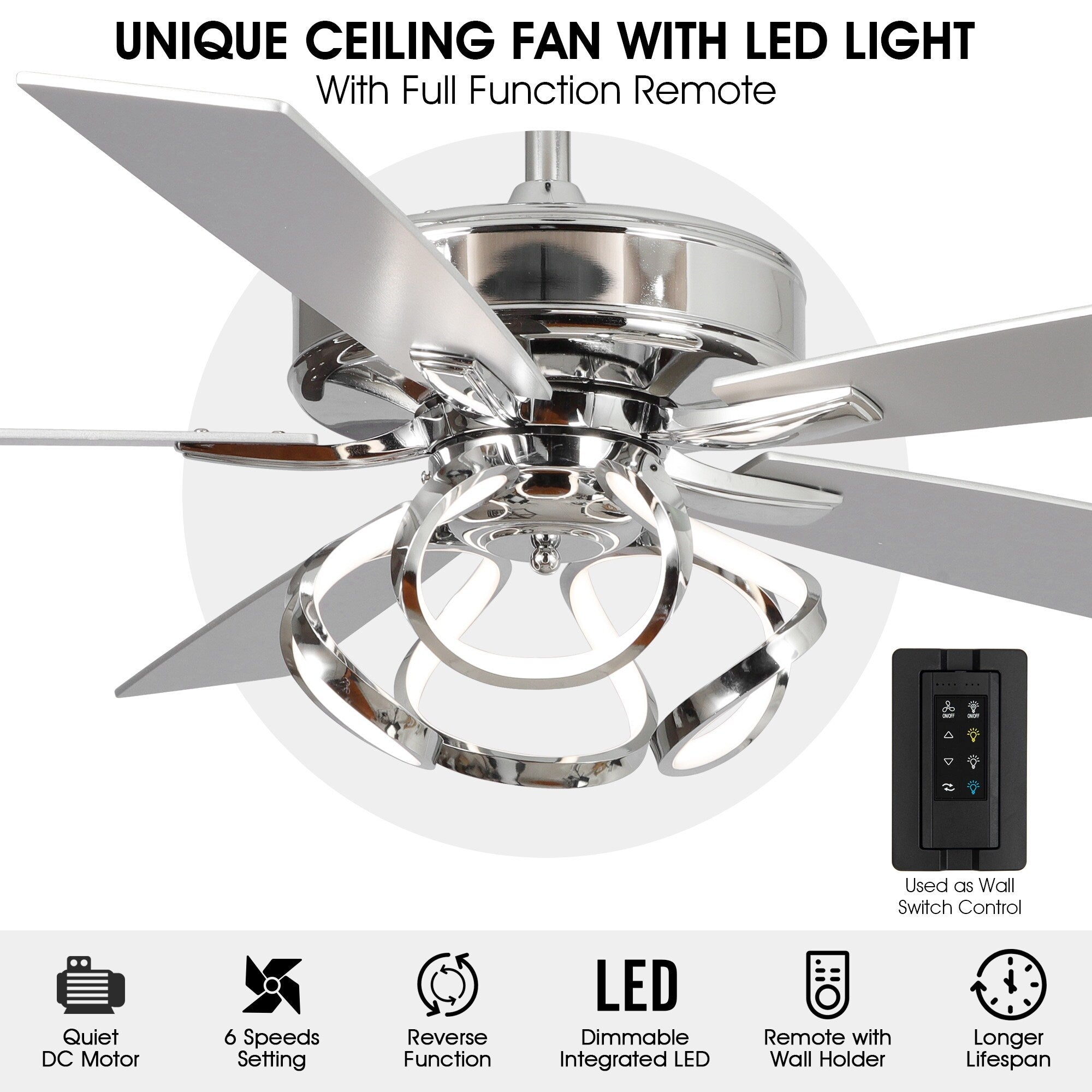 Ventilatore da soffitto moderno a LED dimmerabile da interno cromato/nero da 52 pollici con luce e telecomando