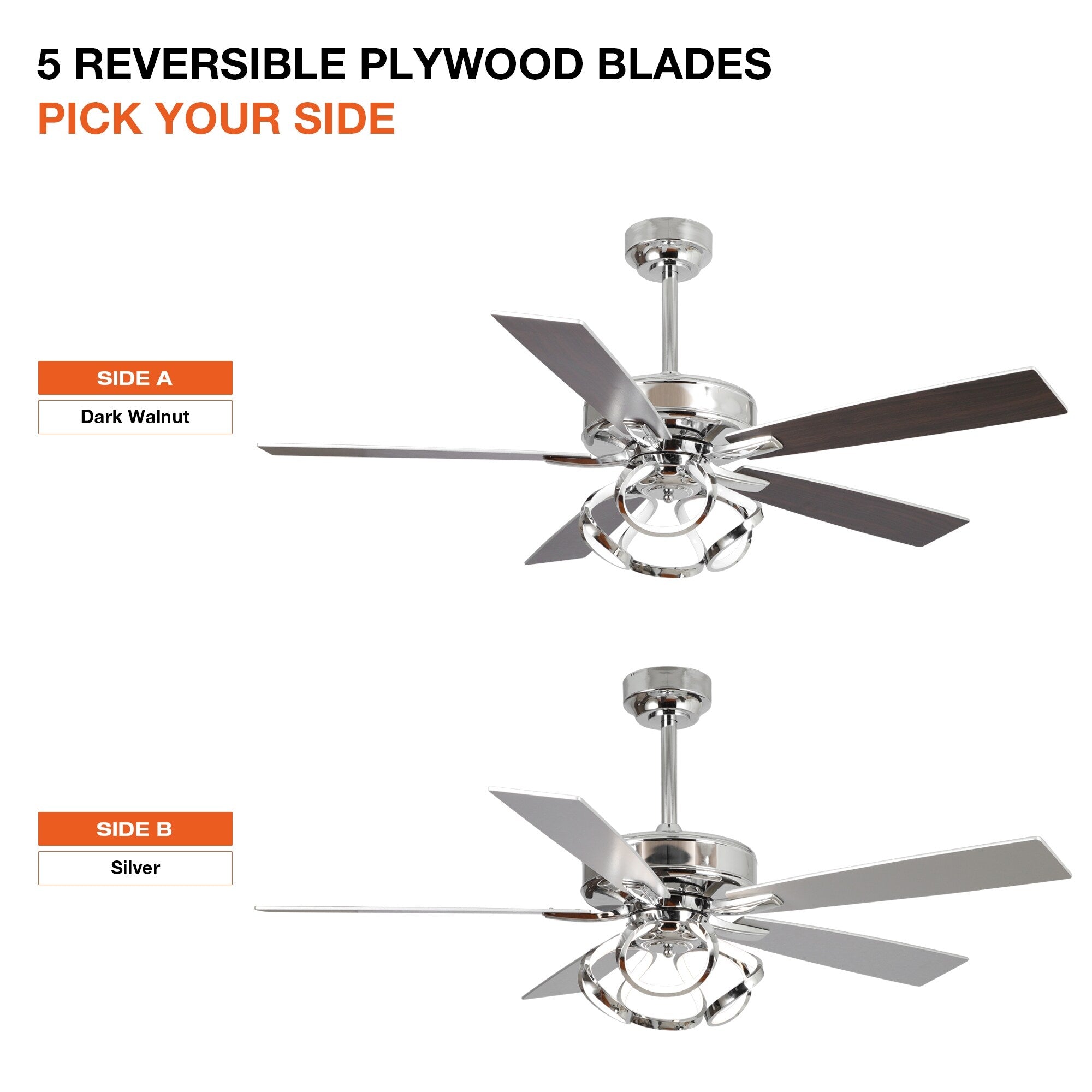 Ventilatore da soffitto moderno a LED dimmerabile da interno cromato/nero da 52 pollici con luce e telecomando