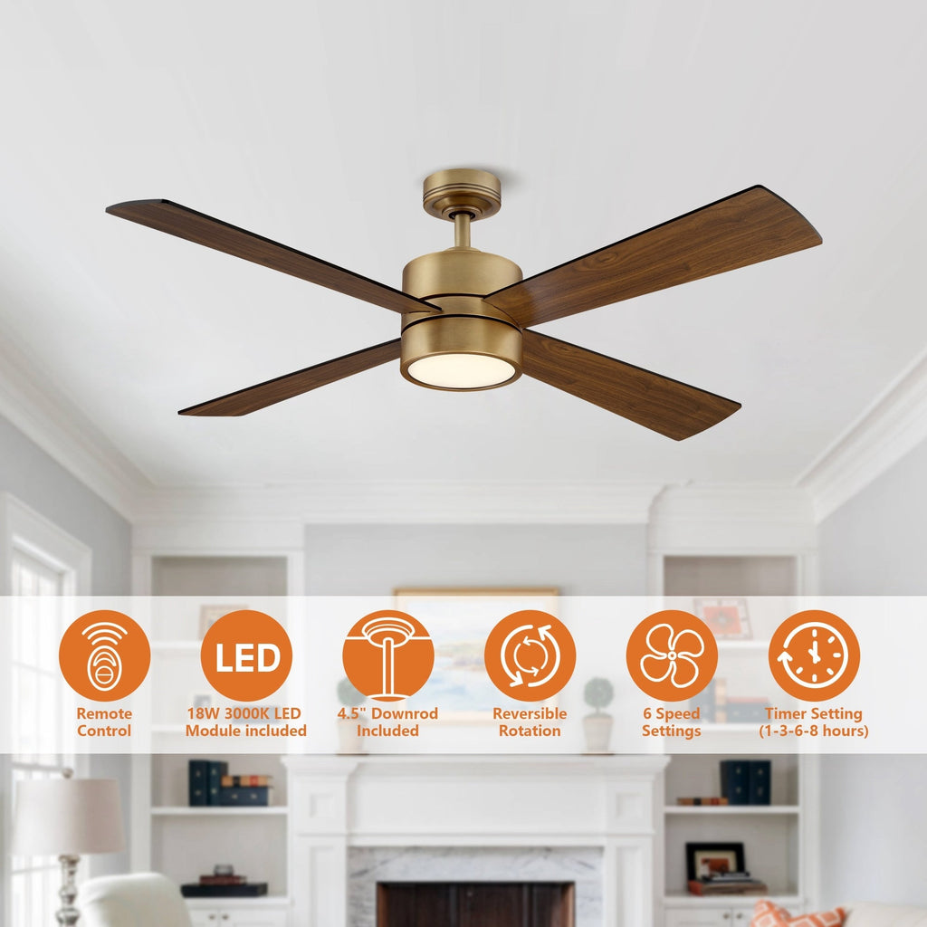 Ventilatore da soffitto per interni in ottone anticato con 4 pale, luce e telecomando