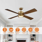 Ventilatore da soffitto per interni in ottone anticato con 4 pale, luce e telecomando