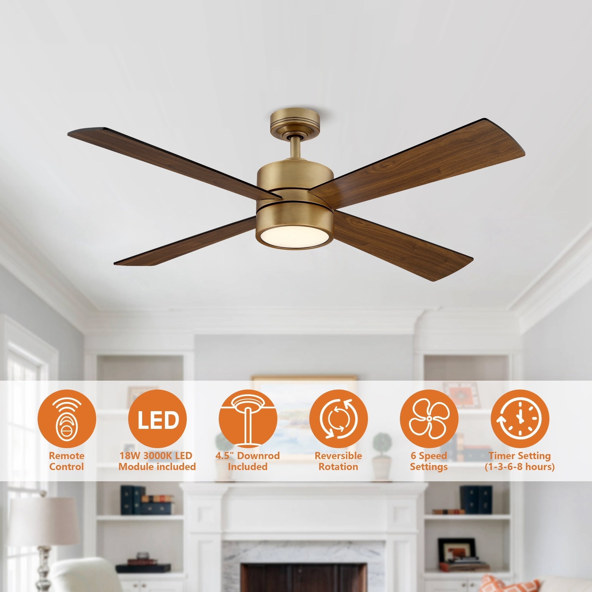 Ventilatore da soffitto per interni in ottone anticato con 4 pale, luce e telecomando