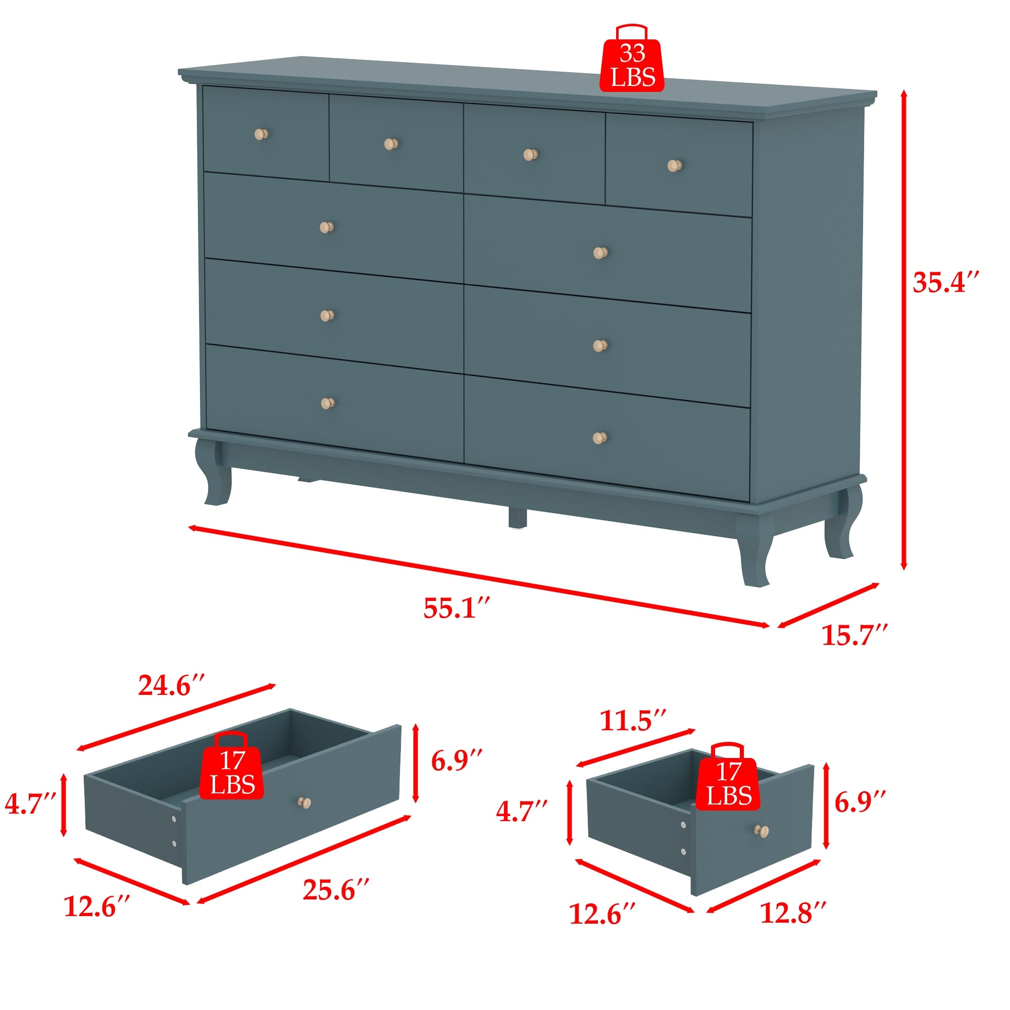 Cassettiera per camera da letto matrimoniale larga 55,1 cm con cassetti portaoggetti
