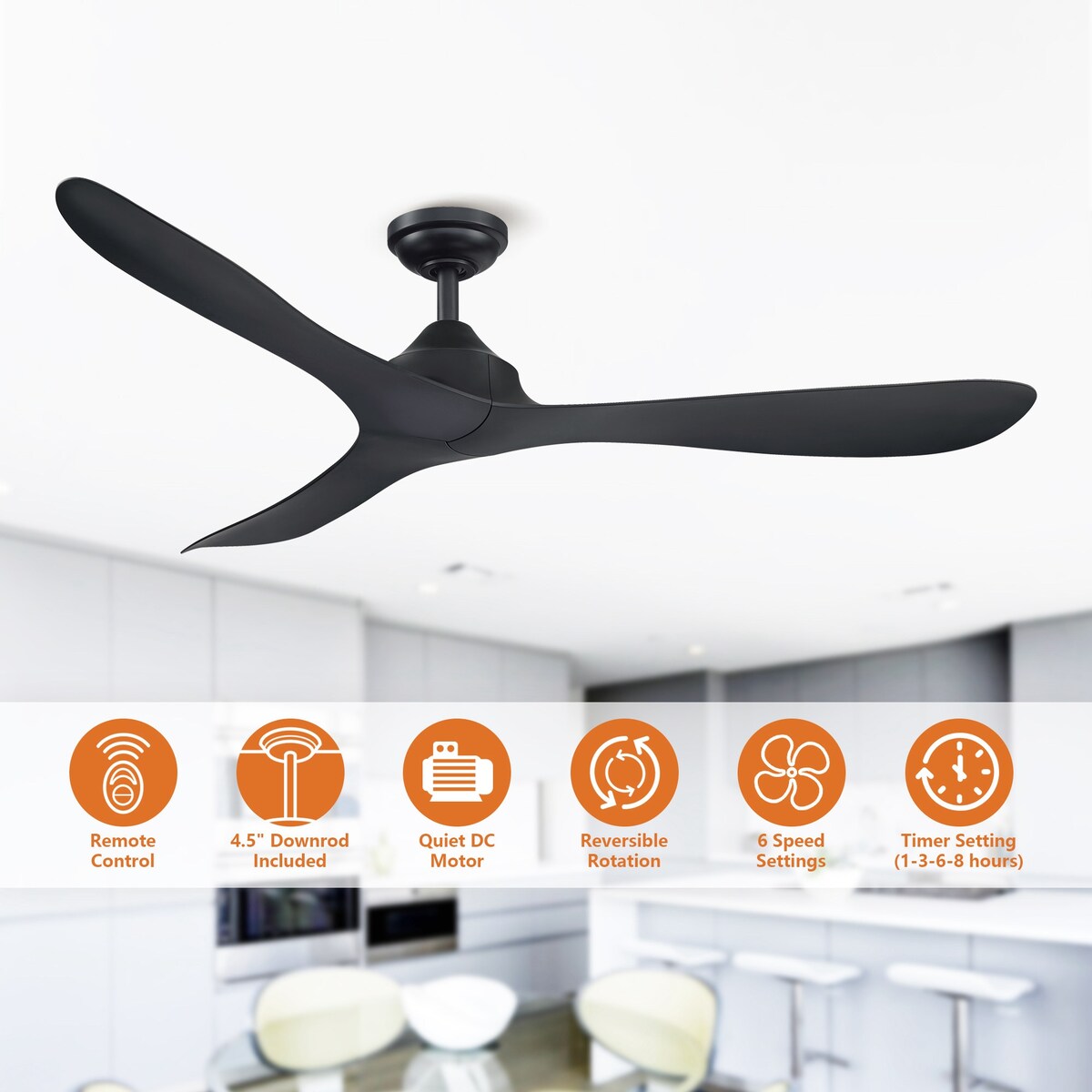 Ventilatore da soffitto moderno a 3 pale con elica nera da 56 pollici e telecomando
