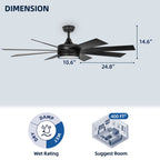 Ventilatore da soffitto Moasis nero opaco da 60 pollici a 8 pale con luce LED e telecomando - 60